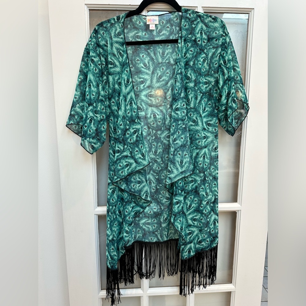 LuLaRoe Monroe Fringe Kimono Coverup Sheer RARE Teal Wolf Limited Edition Size S